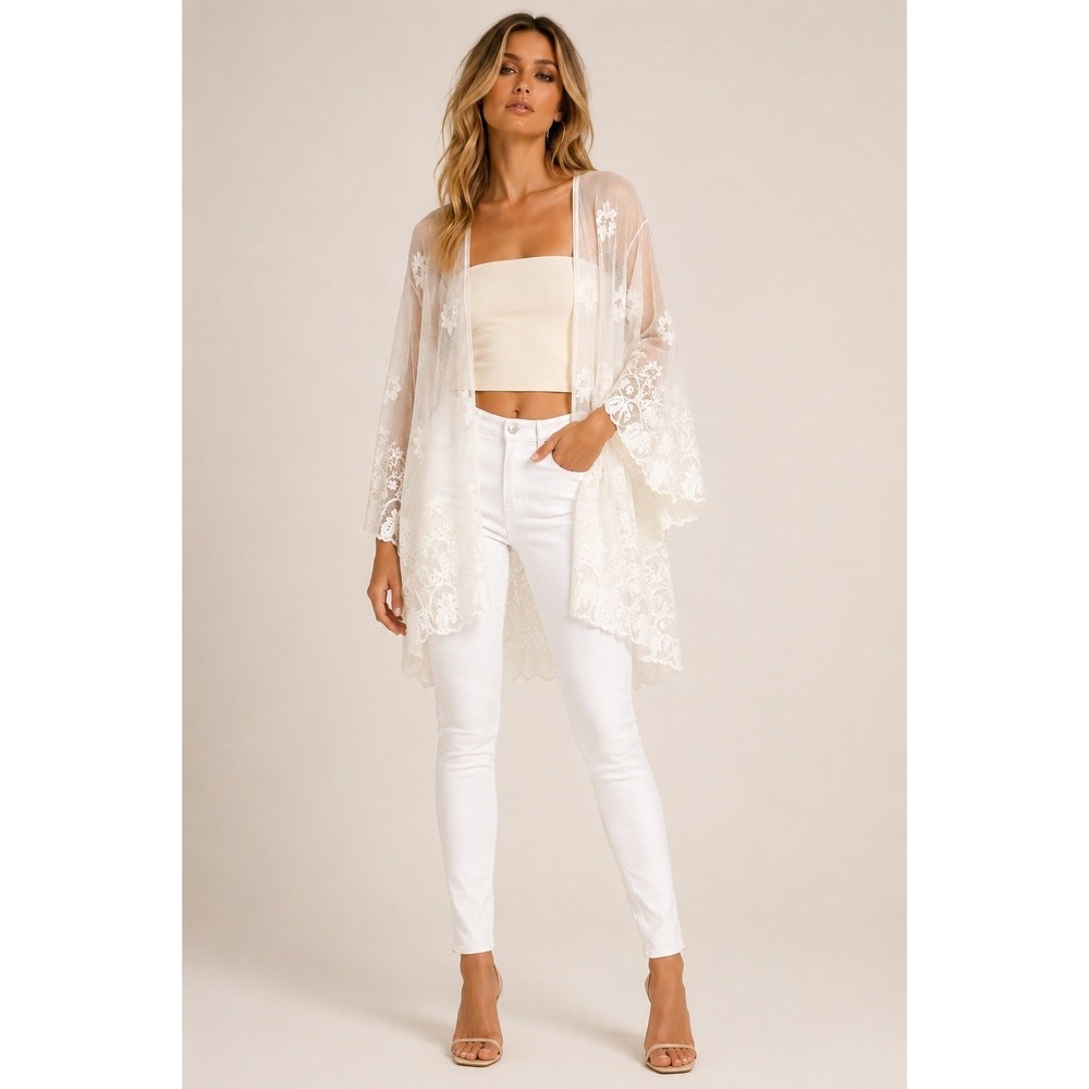 me and u Lace Mesh Embroidered Kimono Boho Open Front Duster Fairy Prairie / 2X - Picture 7 of 15